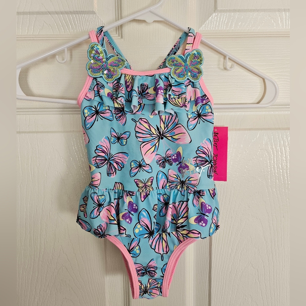 Betsey Johnson Pink Blue Girls Kids Toddler Size T2 Butterfly Swimsuit Sequins - Picture 4 of 9